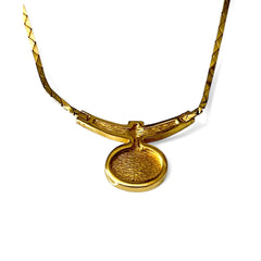Vintage 1970s Christian Dior necklace featuring a luminous faux pearl pendant accented with pave rhinestones, suspended from a gold plated cobra chain with adjustable spring ring clasp and signed ChrDior © hang tag.