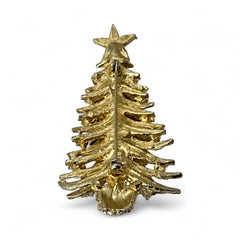 Vintage 1980s gold tone Christmas tree brooch with red, green, and clear rhinestones, featuring a star topper and woven basket base; shown from multiple angles to highlight dimensional detail, condition, and clasp.
