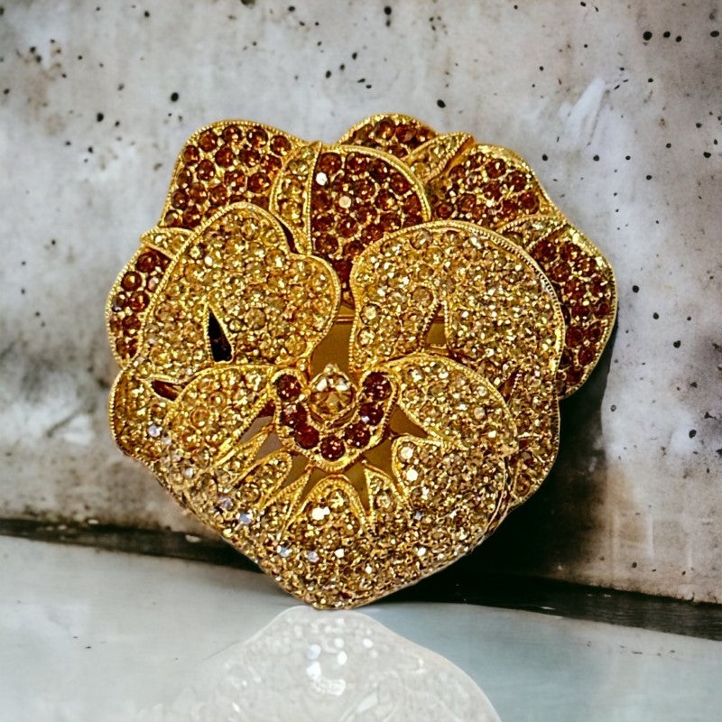 Vintage Ciner Pave Rhinestones & Gold Plated Pansy Flower Statement Brooch
