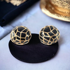 Vintage Ciner Geometric Black Enamel & Gold Tone Round Clip-on Earrings