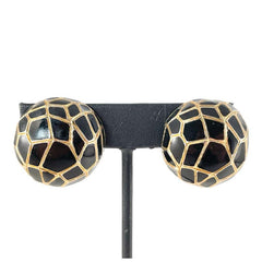 Vintage Ciner Geometric Black Enamel & Gold Tone Round Clip-on Earrings