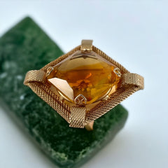 Vintage Topaz Givre Rhinestone Gold Plated Mesh Square Brooch