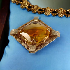 Vintage Topaz Givre Rhinestone Gold Plated Mesh Square Brooch