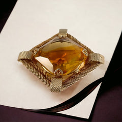 Vintage Topaz Givre Rhinestone Gold Plated Mesh Square Brooch