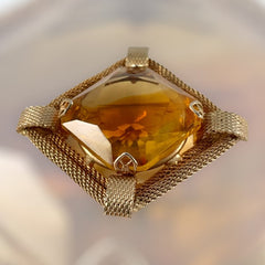 Vintage Topaz Givre Rhinestone Gold Plated Mesh Square Brooch