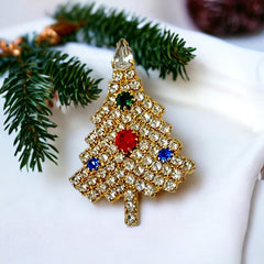 Vintage Sparkly Clear Rhinestones Diamanté Gold Tone Christmas Tree Brooch