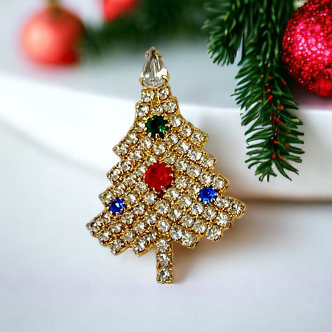 Vintage Sparkly Clear Rhinestones Diamanté Gold Tone Christmas Tree Brooch