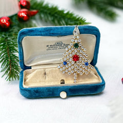 Vintage Sparkly Clear Rhinestones Diamanté Gold Tone Christmas Tree Brooch