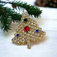 Vintage Sparkly Clear Rhinestones Diamanté Gold Tone Christmas Tree Brooch