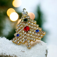 Vintage Sparkly Clear Rhinestones Diamanté Gold Tone Christmas Tree Brooch