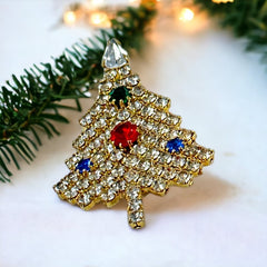 Vintage Sparkly Clear Rhinestones Diamanté Gold Tone Christmas Tree Brooch