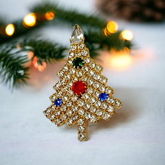 Vintage Sparkly Clear Rhinestones Diamanté Gold Tone Christmas Tree Brooch