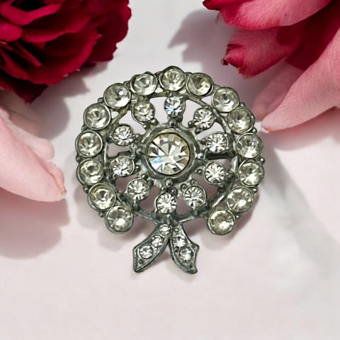 Vintage 1930s Sparkly Clear Rhinestone and Pot Metal Floral Brooch