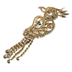 Vintage gold‑tone cockatoo brooch with AB rhinestones and tassel tail, oversized statement bird pin.