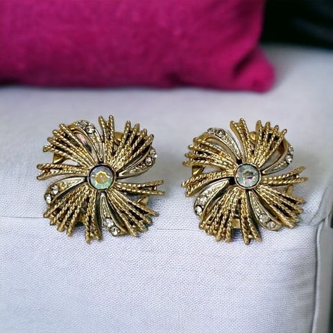 Vintage Coro AB Rhinestones &amp; Textured Light Gold Tone Pinwheel Clip-on Earrings | Signed 1050s Coro Accessories | Jewelry Lover Gift Idea