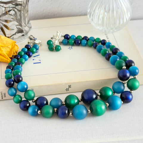 Vintage Coro Blue Green Moonglow Lucite Necklace, 1950s Silver Tone, 2‑Strand Graduated Beads Signed