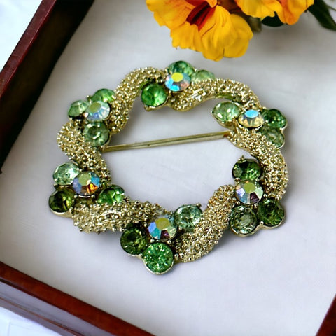 Vintage Signed Coro Green &amp; AB Rhinestones Wreath Brooch