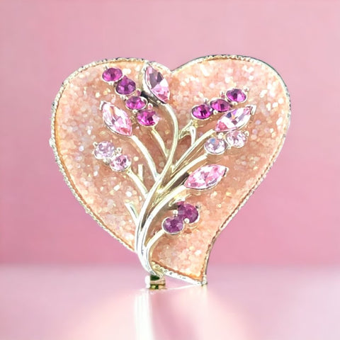 Vintage Coro Pink Rhinestones & Light Gold Tone Heart Brooch