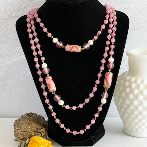 Pink glass beaded vintage Coro long necklace with marbled accent beads and a signed clasp