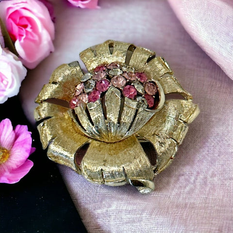 Vintage Coro Pink Rhinestone Flower Brooch