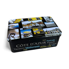 French holiday tin gift box with two mini Marseille soaps and a lavender sachet nestled in crinkle paper, available in Paris, Nice, or Côte d’Azur designs — a festive surprise gift from France.