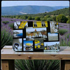 French holiday tin gift box with two mini Marseille soaps and a lavender sachet nestled in crinkle paper, available in Paris, Nice, or Côte d’Azur designs — a festive surprise gift from France.