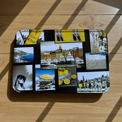 French holiday tin gift box with two mini Marseille soaps and a lavender sachet nestled in crinkle paper, available in Paris, Nice, or Côte d’Azur designs — a festive surprise gift from France.