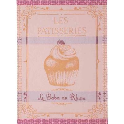 Elegant French tea towel featuring a Baba au Rhum dessert design in soft pink and orange hues. Made from 100% cotton with a traditional jacquard weave, offering high absorbency and a gentle touch. Imported from France