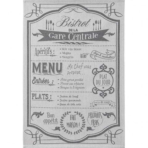 Elegant French tea towel featuring a Parisian bistro menu design on a soft light grey background, accented with classic typography. Made from traditional French jacquard weave, 100% cotton, offering maximum absorbency and a gentle touch. Imported from France.
