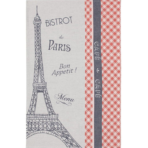 Elegant French tea towel featuring a Paris Trocadero design with the Eiffel Tower, accented in deep red and blue on a soft light blue background. Made from traditional French jacquard weave, 100% cotton, offering high absorbency and a gentle touch. Imported from France