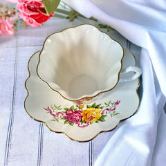 Vintage Crown Bone China Pink and Yellow Roses Scalloped Tea Cup and Saucer Set