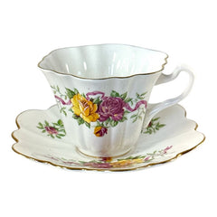 Vintage Crown Bone China Pink and Yellow Roses Scalloped Tea Cup and Saucer Set