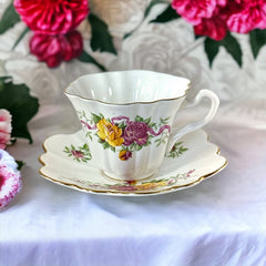 Vintage Crown Bone China Pink and Yellow Roses Scalloped Tea Cup and Saucer Set