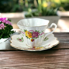 Vintage Crown Bone China Pink and Yellow Roses Scalloped Tea Cup and Saucer Set