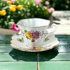 Vintage Crown Bone China Pink and Yellow Roses Scalloped Tea Cup and Saucer Set