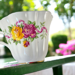 Vintage Crown Bone China Pink and Yellow Roses Scalloped Tea Cup and Saucer Set