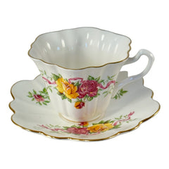 Vintage Crown Bone China Pink and Yellow Roses Scalloped Tea Cup and Saucer Set