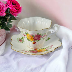 Vintage Crown Bone China Pink and Yellow Roses Scalloped Tea Cup and Saucer Set