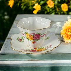 Vintage Crown Bone China Pink and Yellow Roses Scalloped Tea Cup and Saucer Set