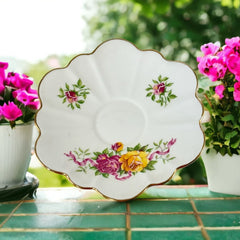 Vintage Crown Bone China Pink and Yellow Roses Scalloped Tea Cup and Saucer Set