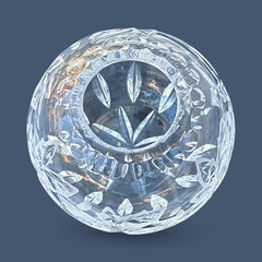 Vintage cut and etched crystal rose bowl with starburst and leaf motifs, clear glass, 5" diameter and 4.5" height, elegant midcentury design for floral display or decorative styling.