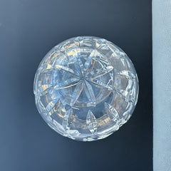 Vintage cut and etched crystal rose bowl with starburst and leaf motifs, clear glass, 5" diameter and 4.5" height, elegant midcentury design for floral display or decorative styling.