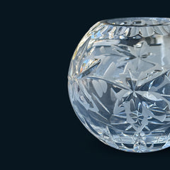 Vintage cut and etched crystal rose bowl with starburst and leaf motifs, clear glass, 5" diameter and 4.5" height, elegant midcentury design for floral display or decorative styling.