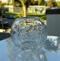 Vintage cut and etched crystal rose bowl with starburst and leaf motifs, clear glass, 5" diameter and 4.5" height, elegant midcentury design for floral display or decorative styling.