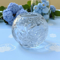 Vintage cut and etched crystal rose bowl with starburst and leaf motifs, clear glass, 5" diameter and 4.5" height, elegant midcentury design for floral display or decorative styling.