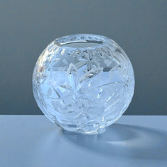 Vintage cut and etched crystal rose bowl with starburst and leaf motifs, clear glass, 5" diameter and 4.5" height, elegant midcentury design for floral display or decorative styling.