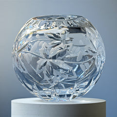 Vintage cut and etched crystal rose bowl with starburst and leaf motifs, clear glass, 5" diameter and 4.5" height, elegant midcentury design for floral display or decorative styling.