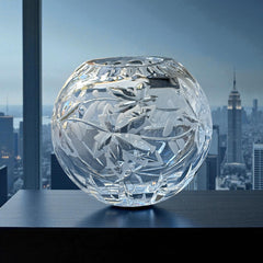 Vintage cut and etched crystal rose bowl with starburst and leaf motifs, clear glass, 5" diameter and 4.5" height, elegant midcentury design for floral display or decorative styling.