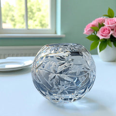 Vintage cut and etched crystal rose bowl with starburst and leaf motifs, clear glass, 5" diameter and 4.5" height, elegant midcentury design for floral display or decorative styling.