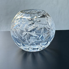 Vintage cut and etched crystal rose bowl with starburst and leaf motifs, clear glass, 5" diameter and 4.5" height, elegant midcentury design for floral display or decorative styling.